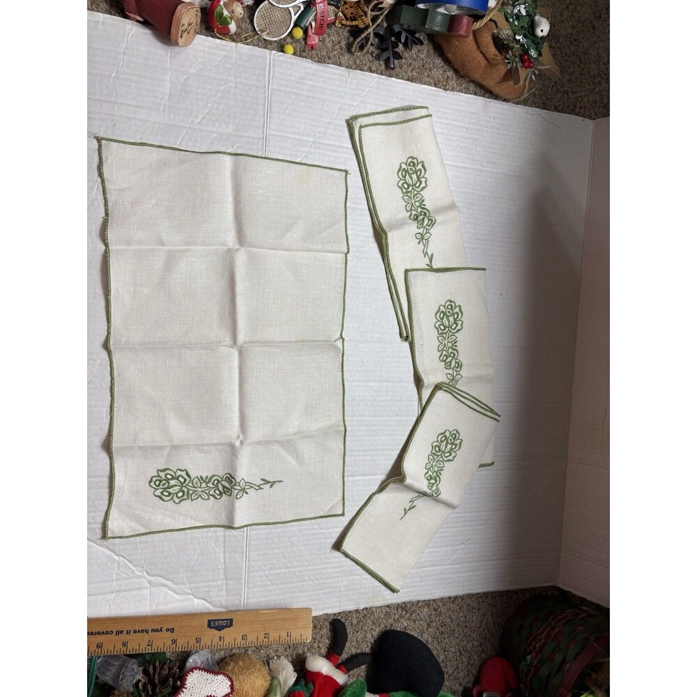 Vintage Linen Napkins Set of 6 Ivory Green Embroidered Roses Floral 12x17